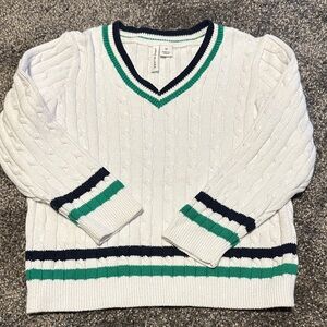 Janie and Jack White V-Neck Sweater with Green and Black Stripes